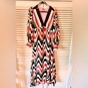 FARM RIO MOD WAVE STRIPES MAXI DRESS WITH BEADED WAIST TIE SIZE MED ORIG $325